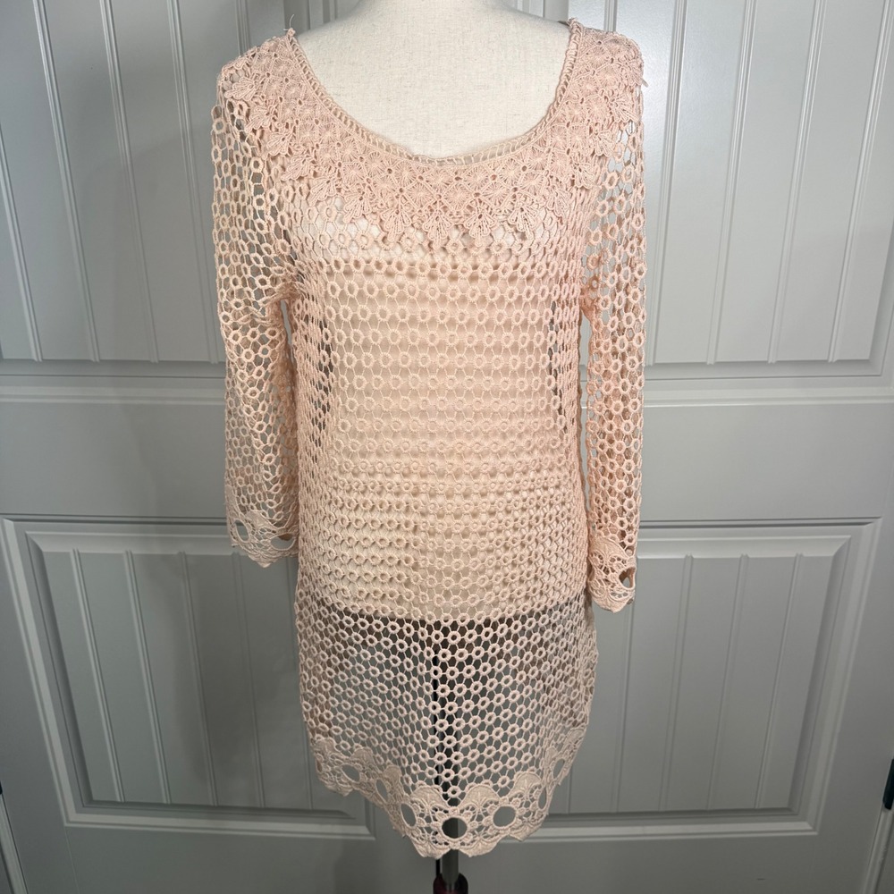 Simply Irresistible Crochet Tunic Womens Medium Beige Lace Boho Coastal Cover Up
